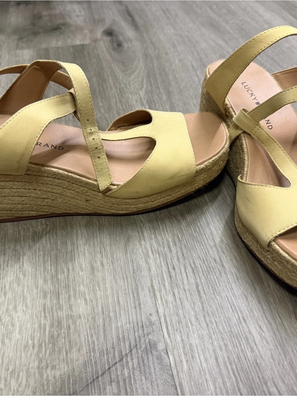 Lucky Brand Pale Yellow T-Strap Espadrille Wedge Sandals